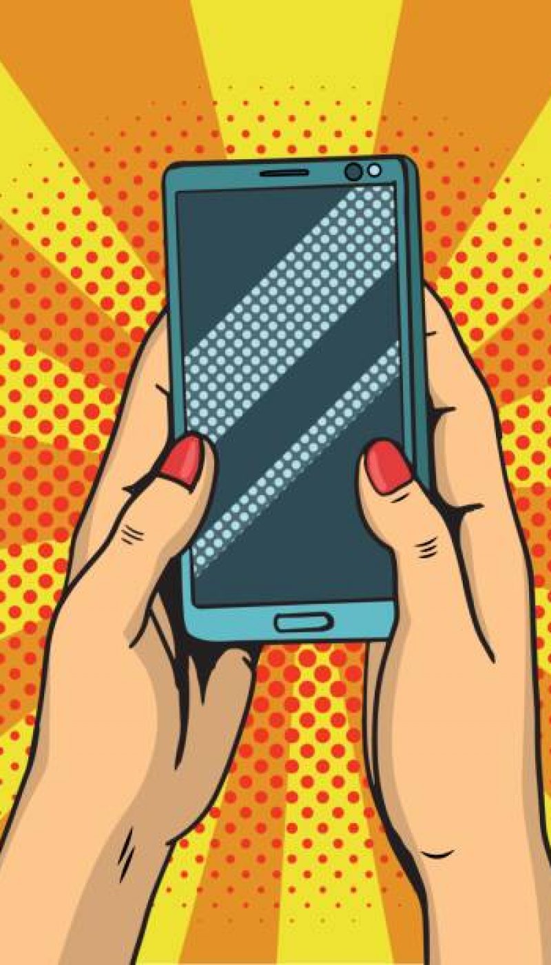 Hands holding smartphone pop art. Female hands hold a mobile phone. Vector illustration in comic style.